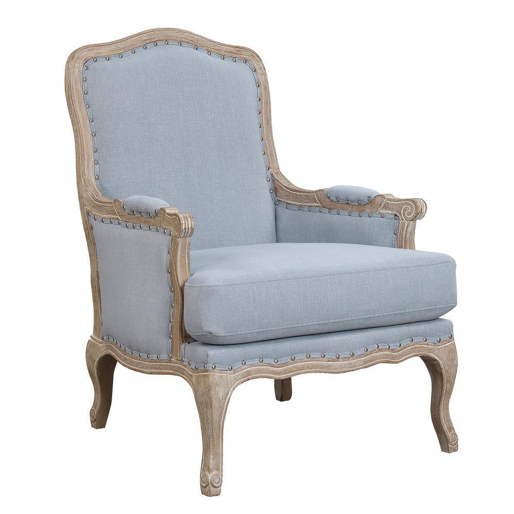 Light Blue Traditional Upholstered Accent Chair with Distressed Wood Base