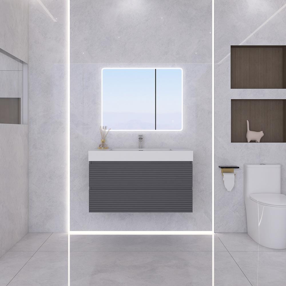 36" Gray Plywood Floating Vanity with White Acrylic Top