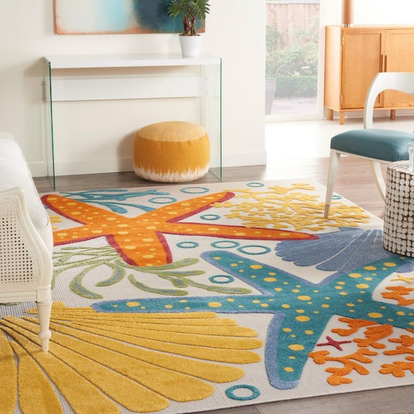 Aloha Multicolor 10 ft. x 13 ft. Nautical Contemporary Indoor/Outdoor Patio Area Rug