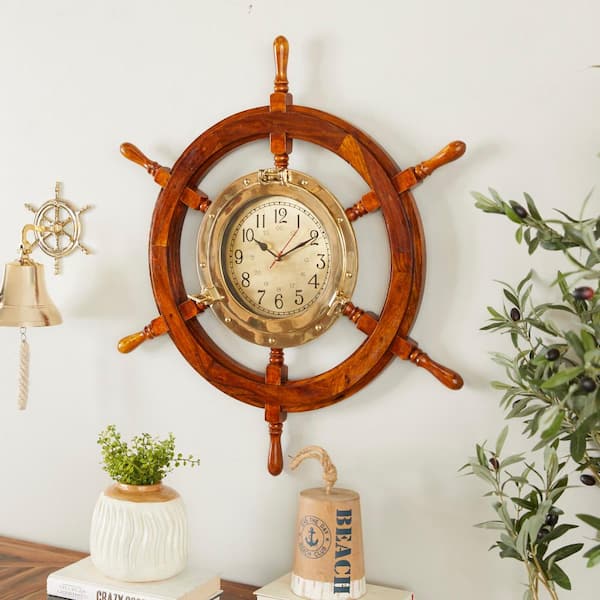 Litton Lane Blue Wood Ship Wheel Sail Boat Analog Wall Clock 18196