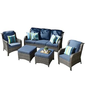 Erie Lake Gray 5-Piece Wicker Outdoor Patio Conversation Seating Sofa Set with Denim Blue Cushions