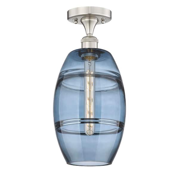 Vaz 8 in. 1-Light Brushed Satin Nickel Industrial Semi-Flush Mount with Frosted Glass Shade