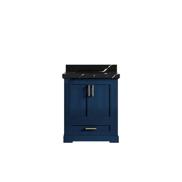 Willow Collections Boston 30 in. W x 22 in. D x 36 in. H Single Sink Bath Vanity Center in Navy Blue with 2 in. Calacatta Black Top
