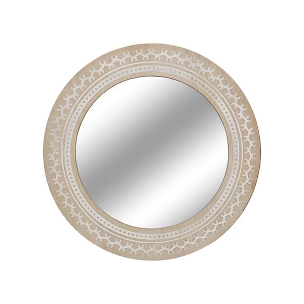 PARISLOFT Brown 23.6 in. W x 23.6 in. H Farmhouse Round Wood Framed Mirror