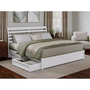 Emelie White Solid Wood Frame King Platform Bed with Panel Footboard and Storage Drawers