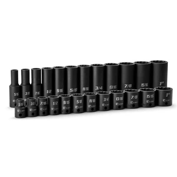 3/8 in. Drive SAE 12-Point Shallow and Deep Impact Socket Set (24-Piece)