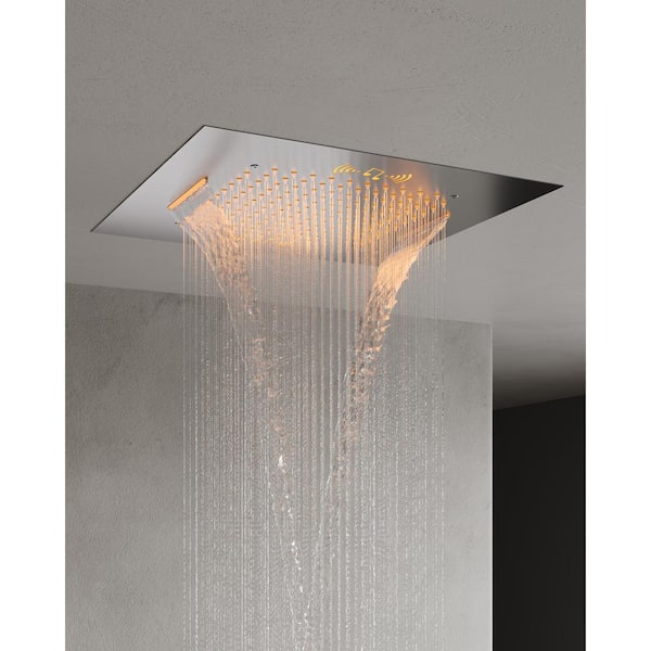 15-Spray 20 in. Dual Shower Heads Ceiling Mount Fixed and Handheld Shower Head with Music, 3 Body Jets in Nickel
