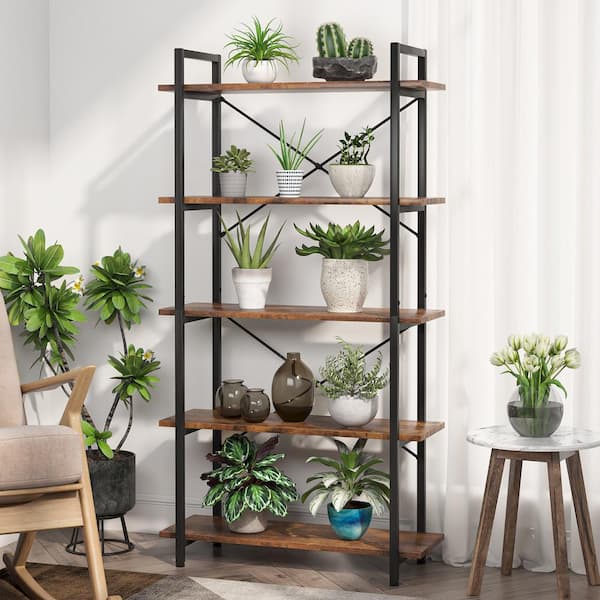 BYBLIGHT Eulas 62.9 in. Tall Brown Engineered Wood 5-Shelf Standard Bookcase