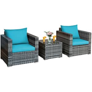 3-Piece Wicker Patio Conversation Set Rattan Furniture Bistro Sofa Set with Turquoise Cushions