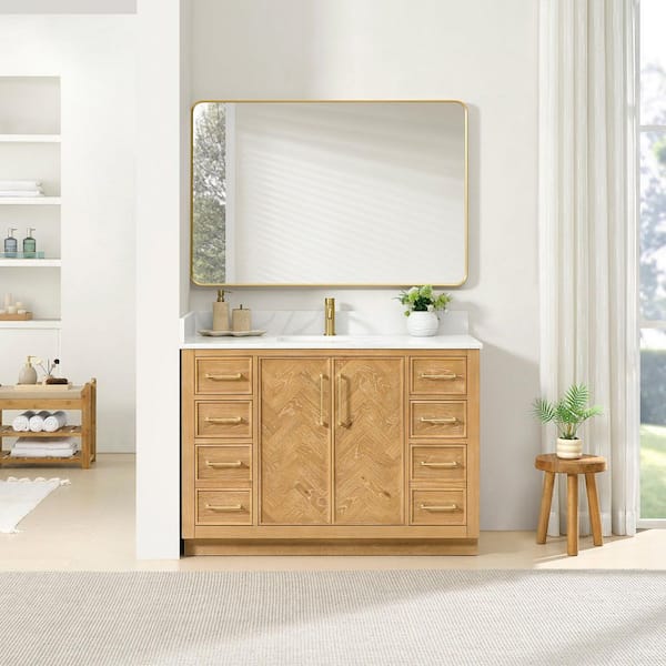 Jakarta 48 in. W x 22 in. D x 34 in. H Single Bath Vanity in Oak Natural Brown with Silk White Quartz Stone Top
