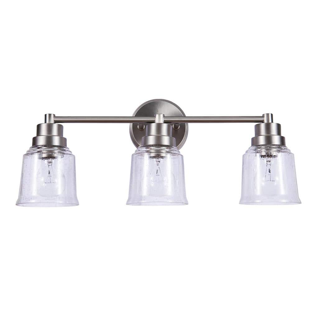 Brushed Nickel 3-Light Vanity Fixture with Clear Seeded Glass