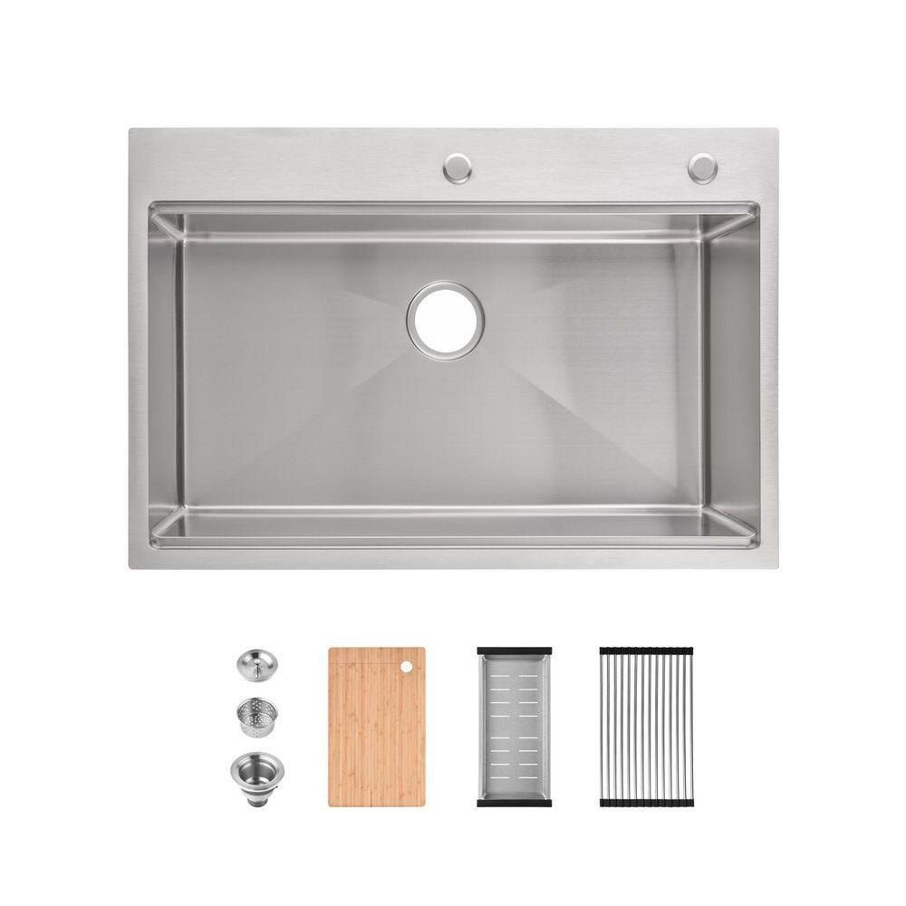 27 in. x 19 in. Black Stainless Steel Single Bowl Drop-In Kitchen Sink with Drain and Hooks