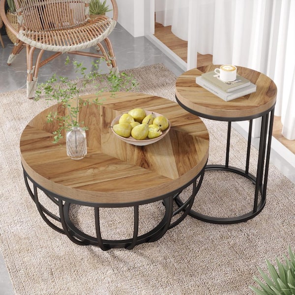 BYBLIGHT Allan 49.22 in. Brown Round Wood Coffee Table with Metal Frame and Wooden Desktop for Living Room, Office, Balcony