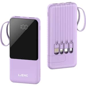 10000mAh Slim USB C Power Bank with Built in Cables 5 Output 3 Input and LED Display in Purple - (1-Pack)