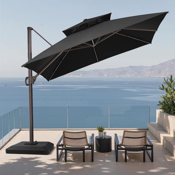 Crestlive Products 11 ft. x 11 ft. Double Top Cantilever Tilt Patio Umbrella in Black with 4-Piece 220 lbs. HDPE Base