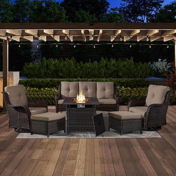 Opohoro ArcoBay 6-Piece Brown Wicker Patio Square Fire Pit Conversation Set with Gray Cushions and Swivel Rocking Chairs