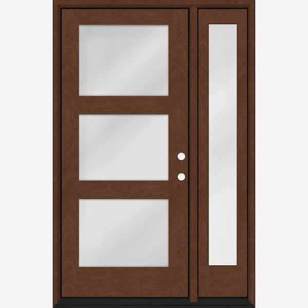 Steves & Sons Regency 53 in. x 80 in. Modern 3-Lite Equal Clear Glass LHIS Chestnut Mahogany Fiberglass Prehung Front Door 14 in. SL