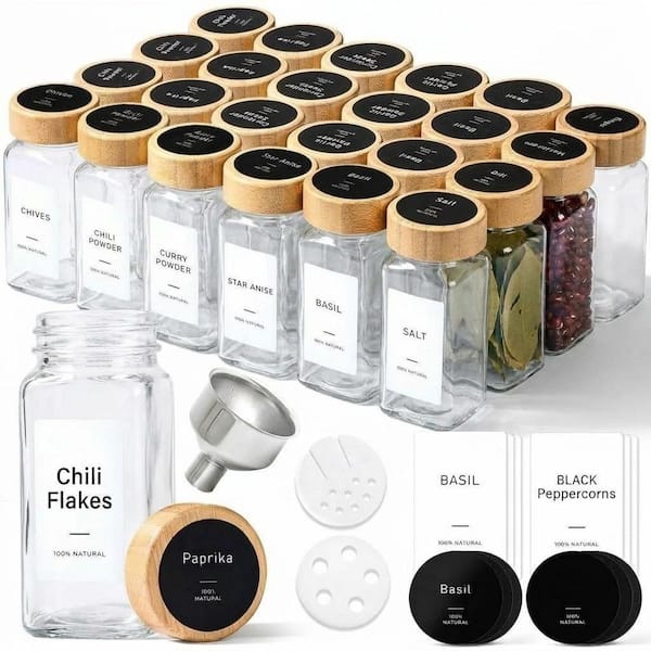 4 oz. Glass Spice Jars with Bamboo Lids and Labels 24 Pack Square ...