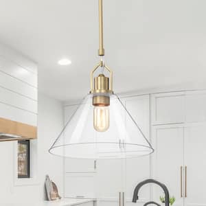 Aria 12 in. 1-Light Vintage Brass Clear Cone Glass Farmhouse Kitchen Pendant Light