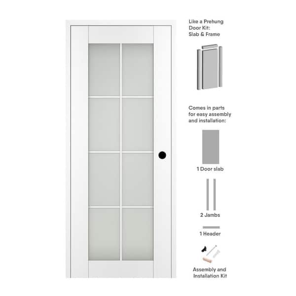 Paola 8-Lite 28 in. x 80 in. Left-Hand Frosted Glass Bianco Noble Composite Solid Core Wood Single Prehung Interior Door