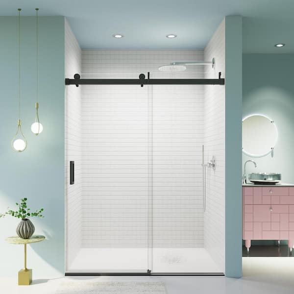 Reversible 56-60 in. W x 76 in. H Frameless Sliding Shower Door in Matte Black with Tempered Clear Glass, Soft-Close