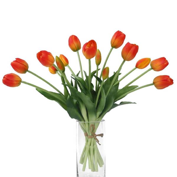 Living Room Decor Series: 15.7"H x 4.7"W Orange 15-Piece Artificial Tulip Bouquet