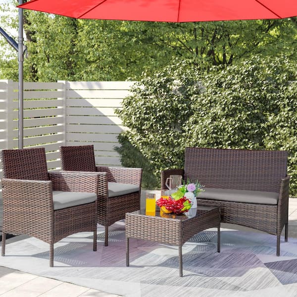 Wicker Outdoor Patio Furniture Sets, 4 Piece Rattan Garden Furniture Set With Table Brown