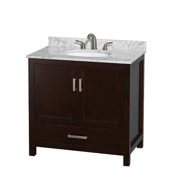 Wyndham Collection Sheffield 36 in. W x 22 in. D x 35 in. H Single Bath Vanity in Espresso with White Carrara Marble Top