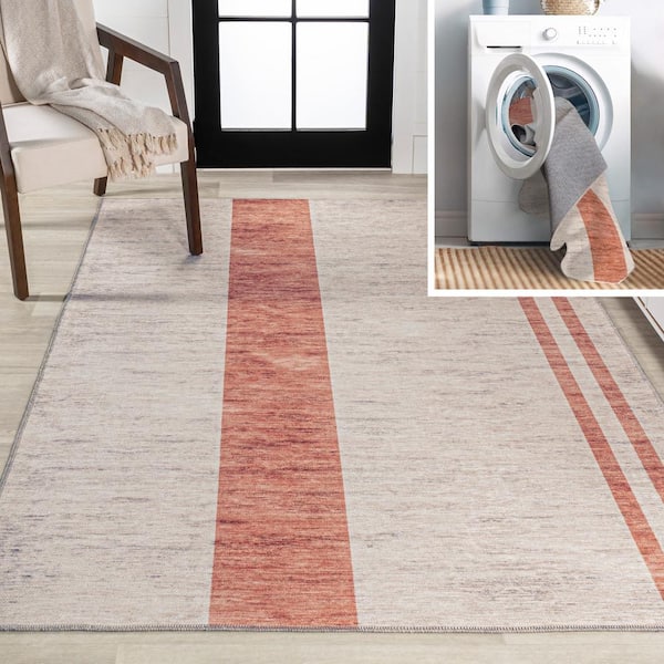 JONATHAN Y Raita Modern Distressed Stripe Machine-Washable Ivory/Pink 4 ft. x 6 ft. Area Rug