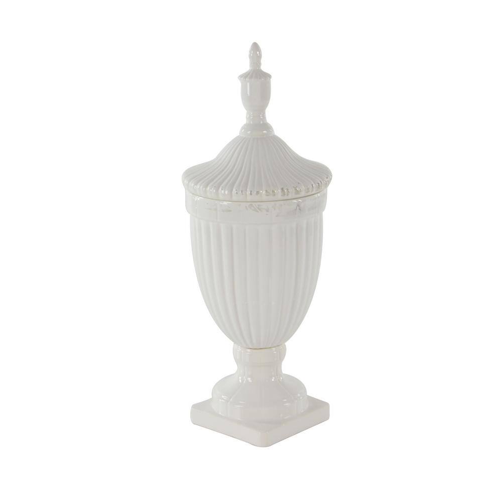 26" White Ceramic Tall Fluted Urn Vase with Lid