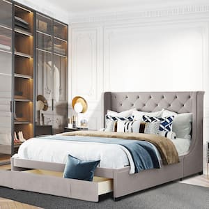 SUNRINX Gray Bed Frame Queen Velvet Upholstered Platform Bed with 