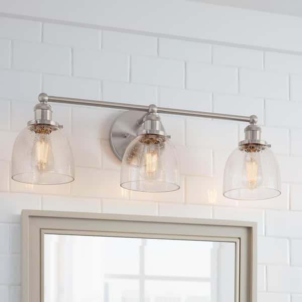 Evelyn 26.75 in. 3-Light Brushed Nickel Industrial Vanity with Clear Seedy Glass Shades