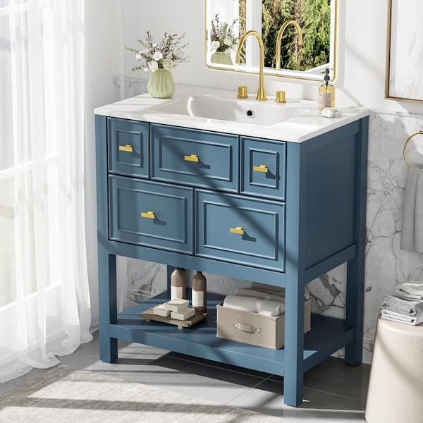 30 in. Freestanding Bath Vanity in Blue with White Ceramic Sink, 5-Drawers and Solid Wood Frame