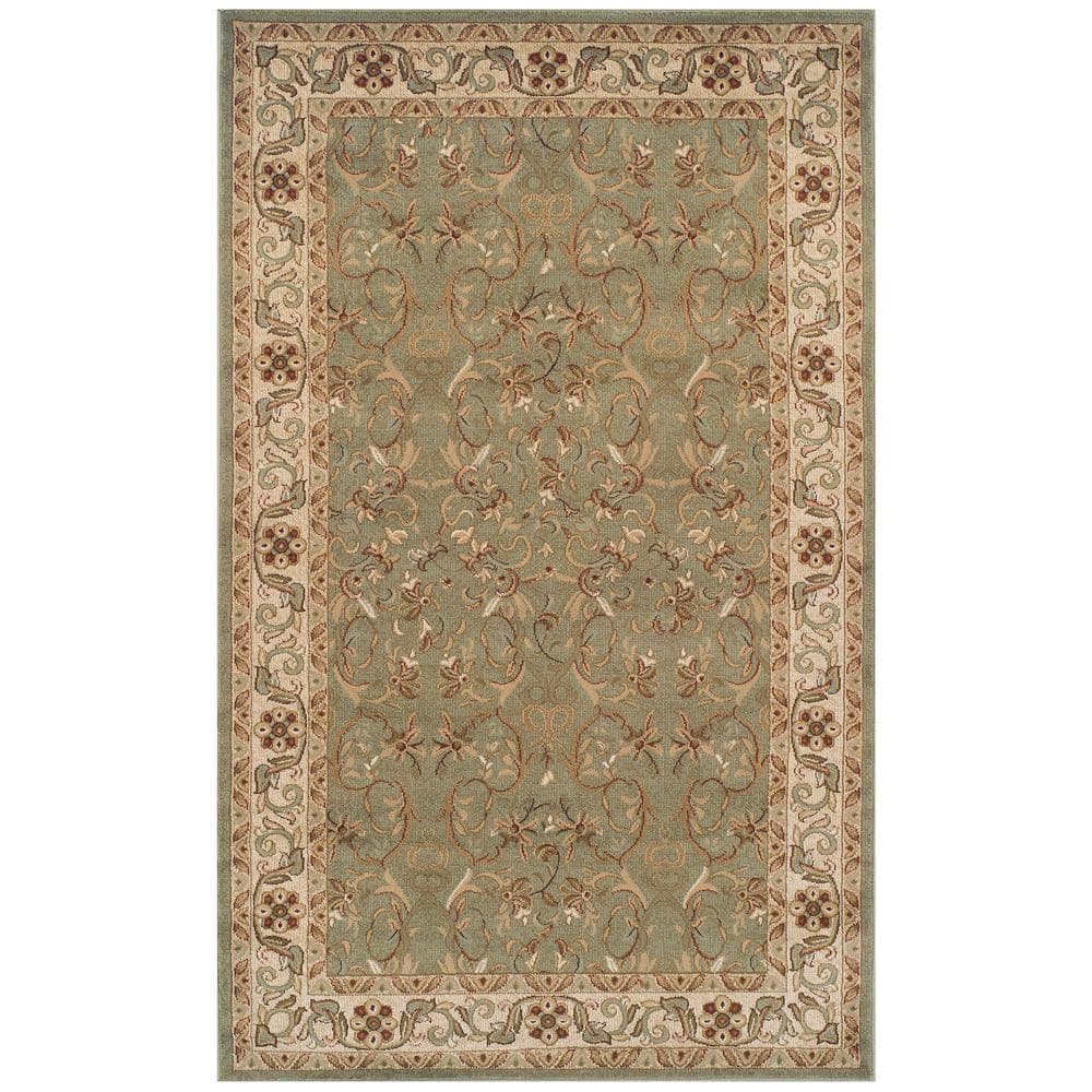 Ivory and Green Round Floral Synthetic Area Rug, 8' x 8'