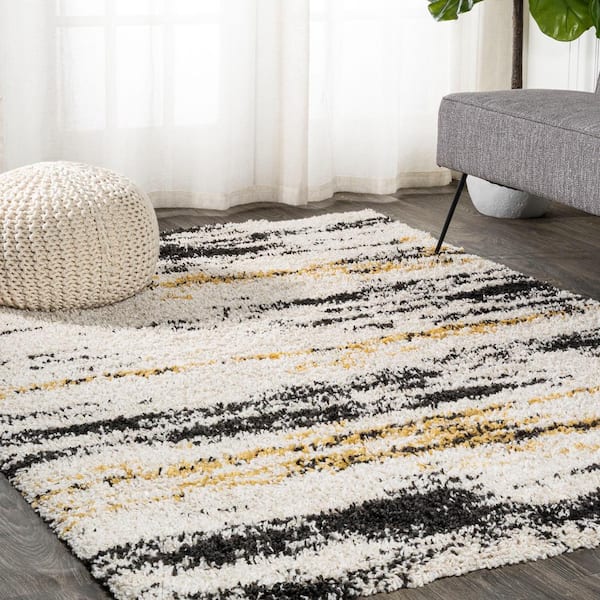 JONATHAN Y Nova Modern Bold Strie' Shag Beige/Black/Yellow 3 ft. x 5 ft. Area Rug