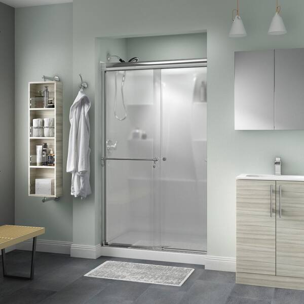 Delta Portman Traditional 43-3/8 to 47-3/8 in. W x 70 in. H Semi-Frameless Sliding Shower Door, Chrome, Frosted Glass