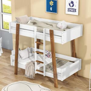 White Wood Frame Twin Size Bunk Bed with 4 Wood Color Columns and Built-in Ladder