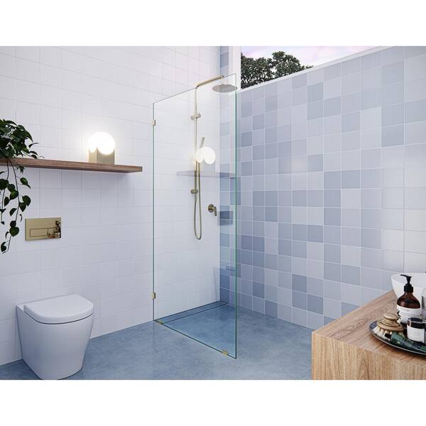 Glass Warehouse Vela 36.5 in. W x 78 in. H Frameless Fixed Single Panel Shower Door in Polished Brass Without Handle