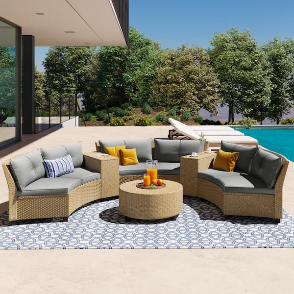 FASHION FINESSE LLC Fan-shaped Brown Wicker Outdoor Sofa Sectional Set with Gray Cushions and Table