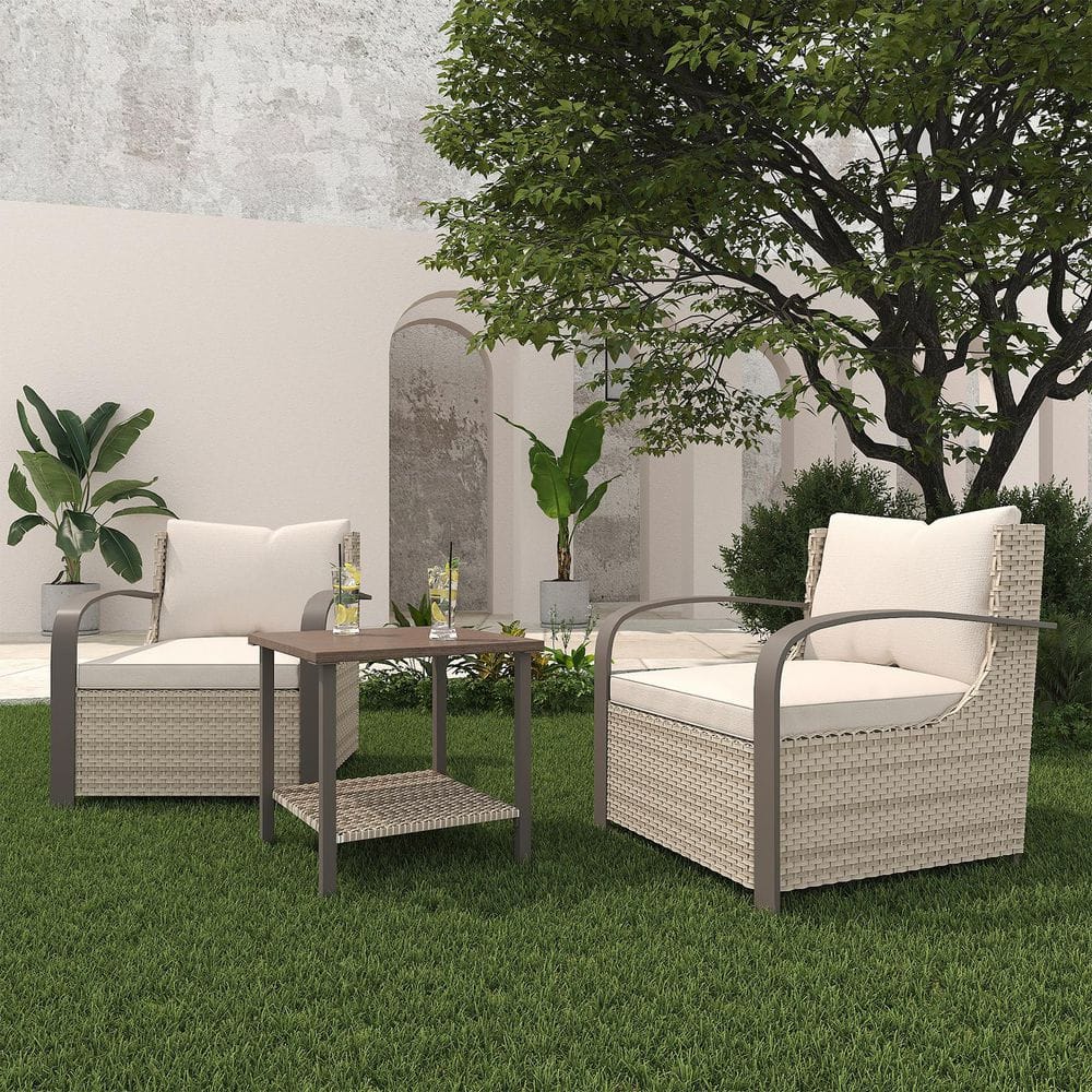 3-Piece Rattan Outdoor Lounge Chair Furniture Set with Beige Cushions and Coffee Table