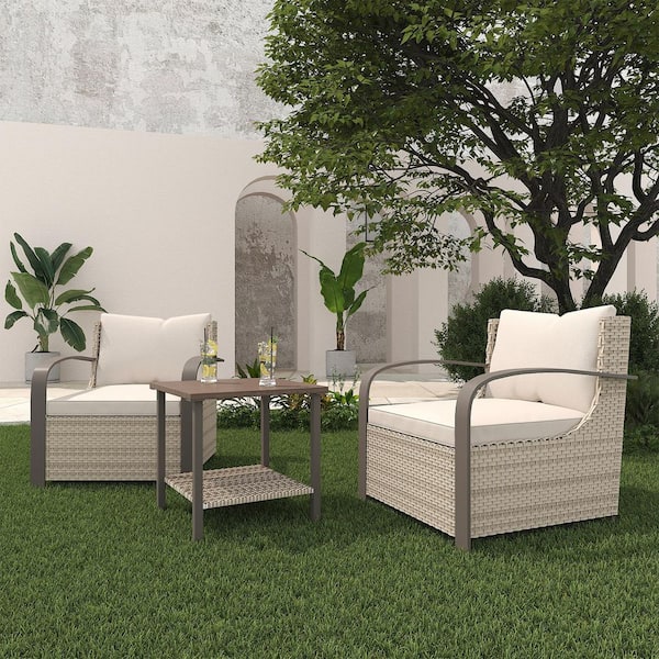 3-Piece Rattan Outdoor Lounge Chair Furniture Set with Beige Cushions and Coffee Table