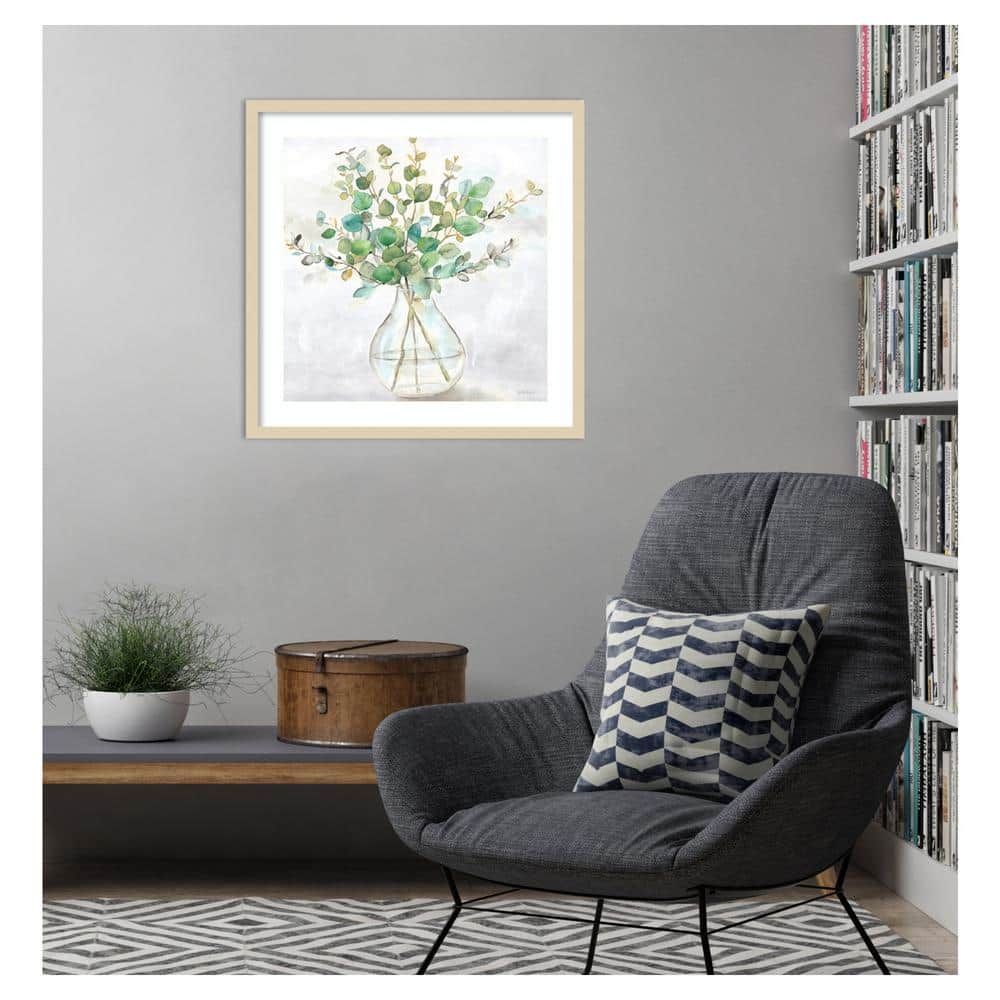 Eucalyptus Vase Watercolor Botanical Art in Beige Wood Frame, 25"x25"