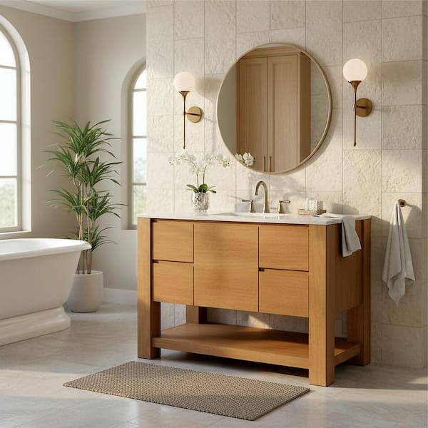 Bertino 48 in. Single Sink Light Oak Bath Vanity with White Marble Top