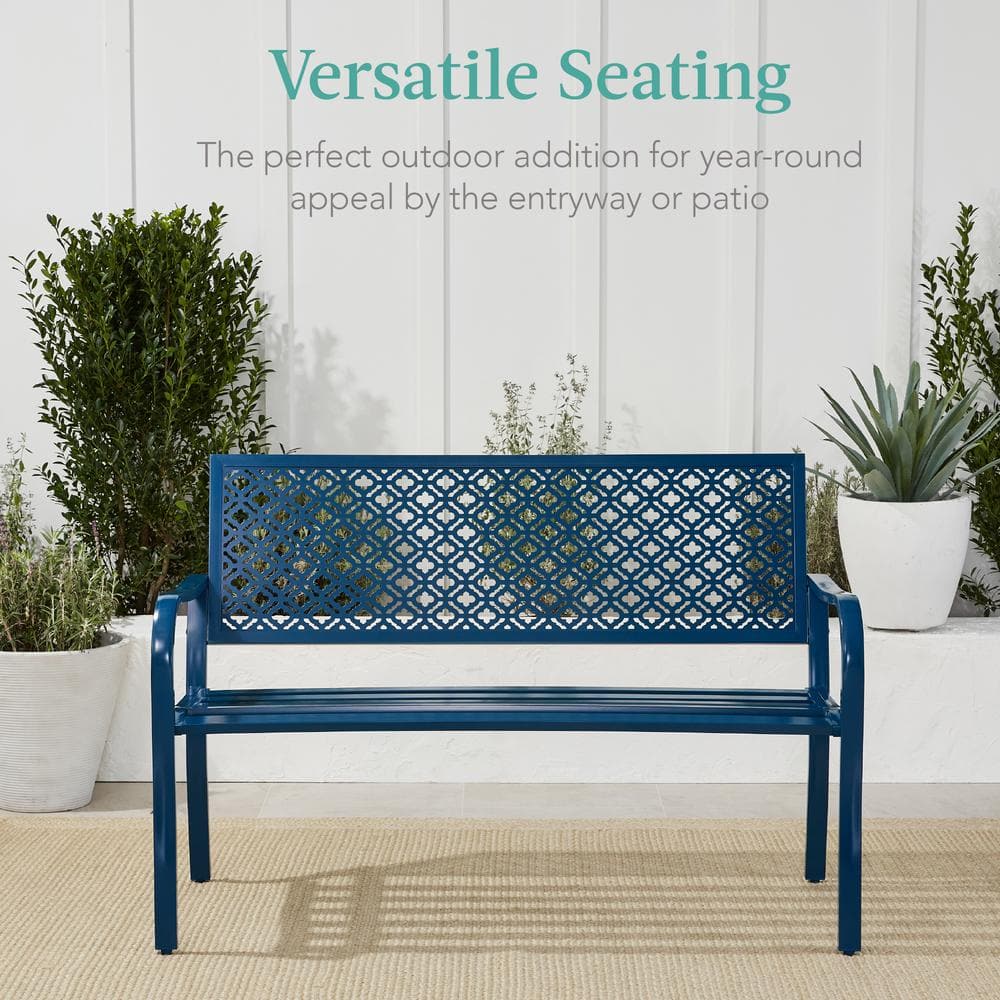 Peacock Blue Steel Geometric Backrest Lawn Bench
