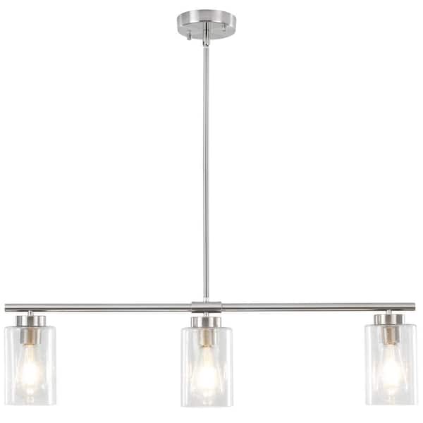 3-Light Sand Nickel Industrial Linear Chandelier with Clear Glass Shades