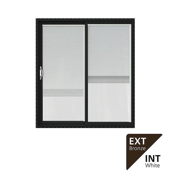 72 in. x 80 in. V-2500 Series Bronze FiniShield Vinyl Left-Hand Full Lite Sliding Patio Door w/White Interior & Blinds