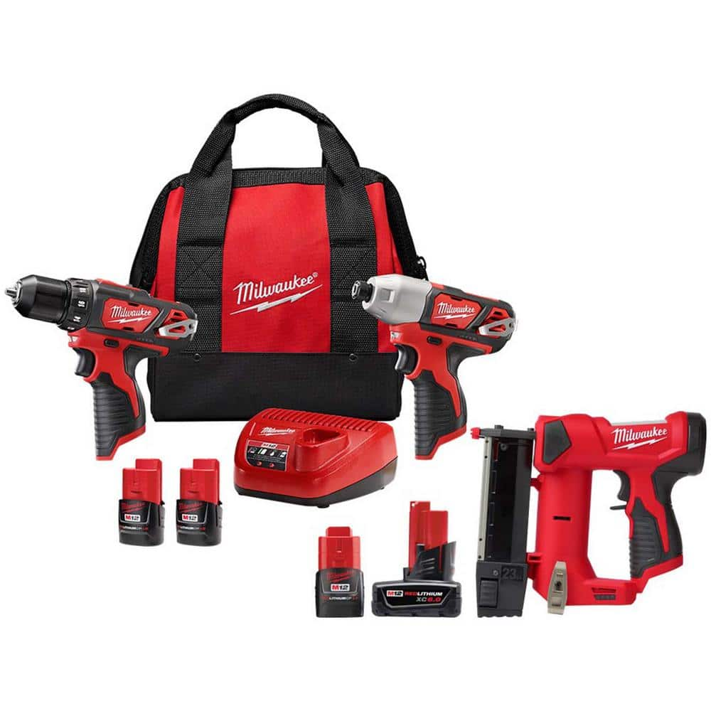 M12 12V Lithium-Ion Cordless Drill Driver/Impact Driver Combo Kit w/Pin Nailer and 6.0 Ah/3.0 Ah Batteries -  Milwaukee, 2494-22-25