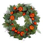 24 in. Unlit Autumn Harvest Maple and Fern Leaves With Pumpkins Grapevine Artificial Wreath
