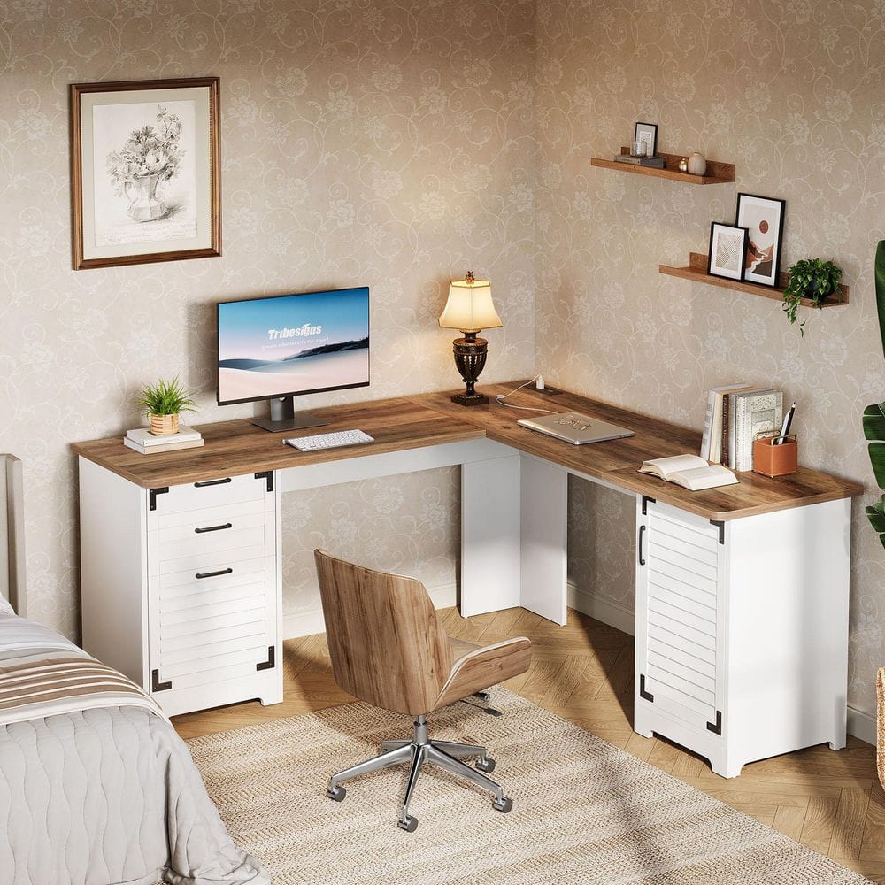 59 in. L Shaped White Wood 3-Drawer Computer Desk with Storage， L Shaped Computer Desk with Charging Station