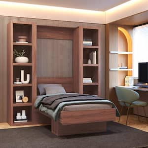 Easy-Lift Brown Wood Frame Twin Murphy Bed with Bookshelf